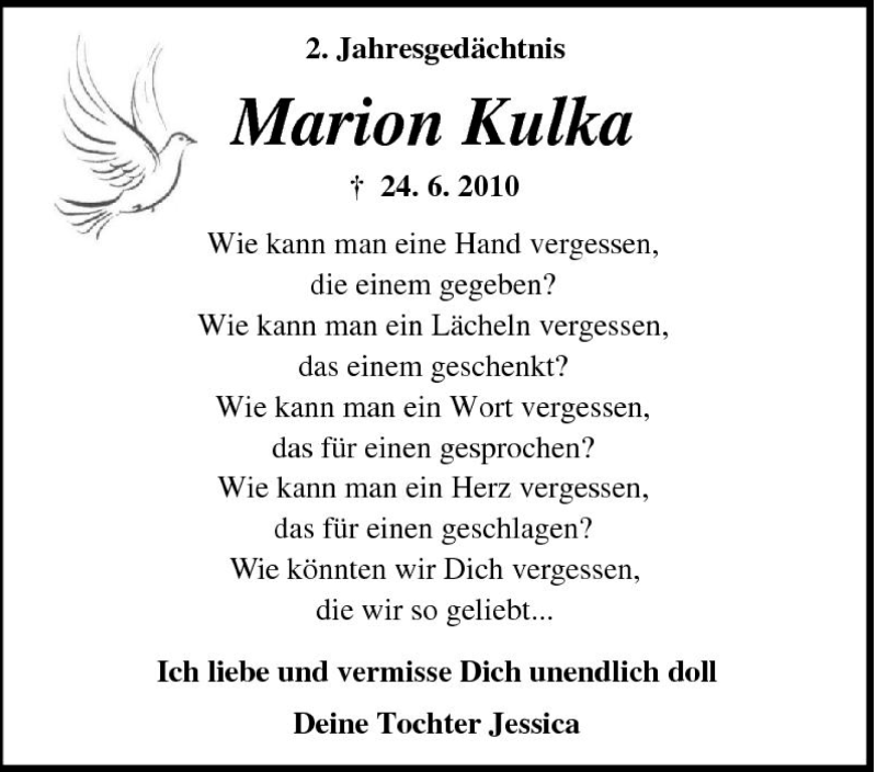  Traueranzeige für Marion Kulka vom 23.06.2012 aus Tageszeitung
